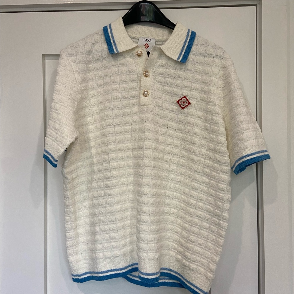 Casablanca Paris White Boucle Polo Shirt with Blue Trim - Men's Short Sleeve